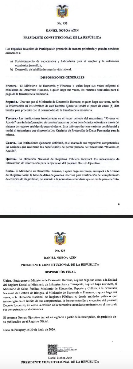 ecuainm_oficial's tweet photo. ‼️#URGENTE
El presidente Daniel Noboa emitió el Decreto Ejecutivo 435, con el que establece el tercer período del programa "Jóvenes en Acción". La iniciativa otorgará una transferencia mensual temporal de USD 400 durante tres meses a jóvenes de entre 18 y 29 años 11 meses que cumplan los requisitos establecidos, entre ellos estar registrados por el Ministerio de Desarrollo Humano, no tener seguridad social contributiva y participar en las actividades definidas por las instituciones ejecutoras.
