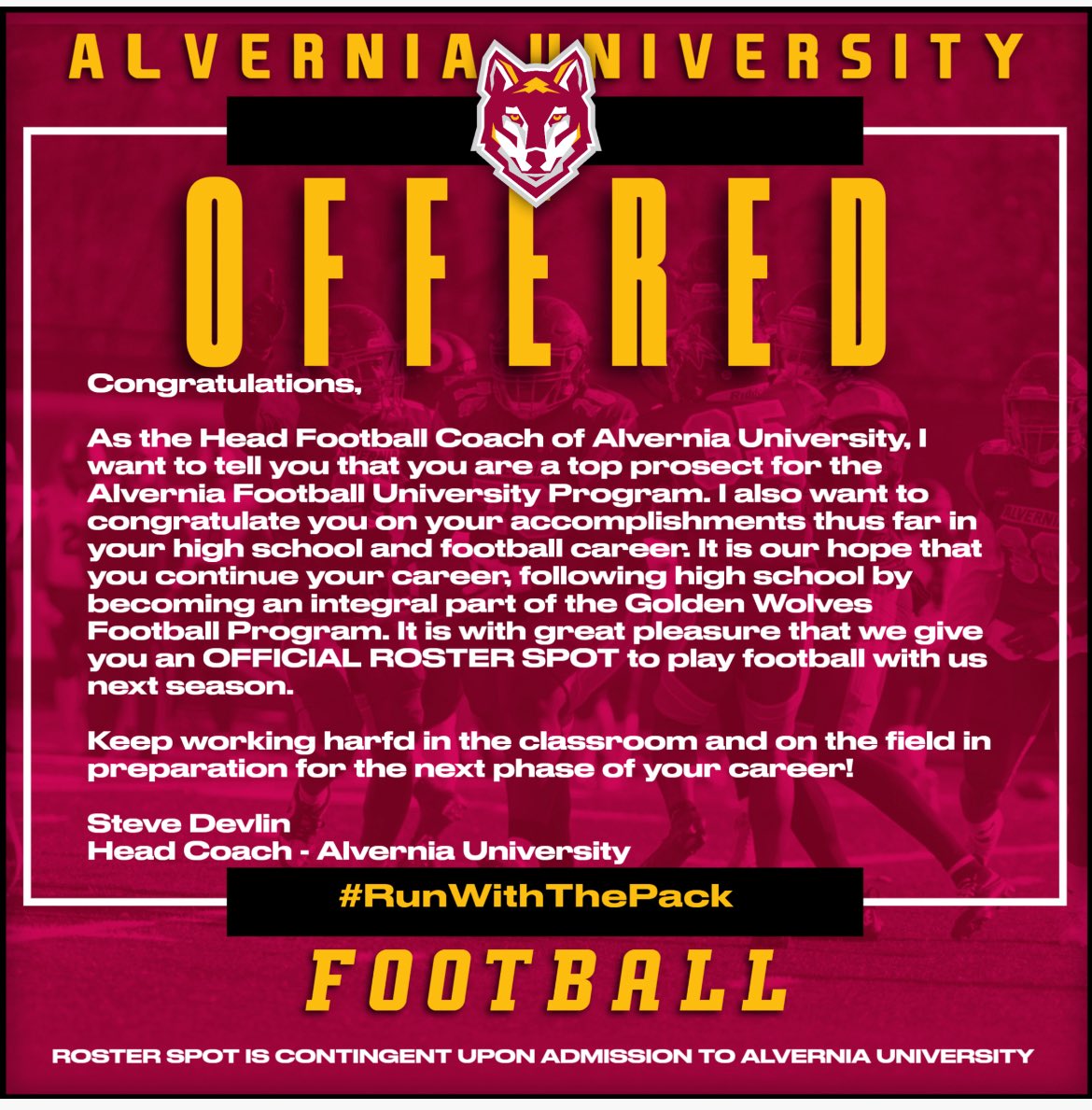 Matthewmon44's tweet photo. After a great conversation with Coach O’Donnell, I’m blessed and grateful to receive my first offer from Alvernia University! #RunWithThePack @CoachODonnell_ @AlverniaFB @CoachBertz @CoachDev12 @Coach__Roman @jr_gennaro5567 @PrepRedzoneNY https://t.co/E0UnAdXhI1
