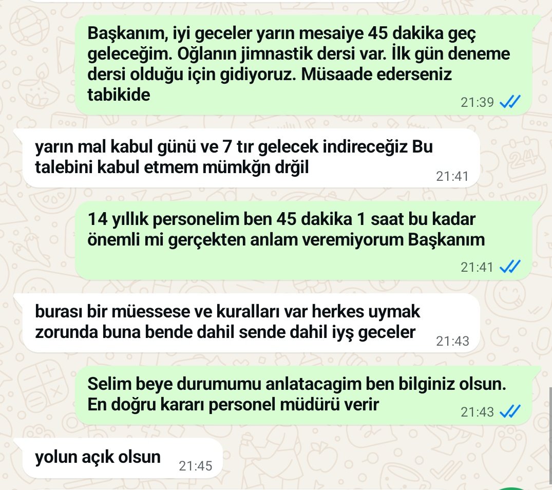 bayrakmedya's tweet photo. 14 yıldır aynı özel şirkette çalışan bir vatandaş, çocuğunu jimnastik kursuna götürmek için müdüründen istediği 1 saatlik izinden olumsuz yanıt aldı. https://t.co/iS6LyQXR2t