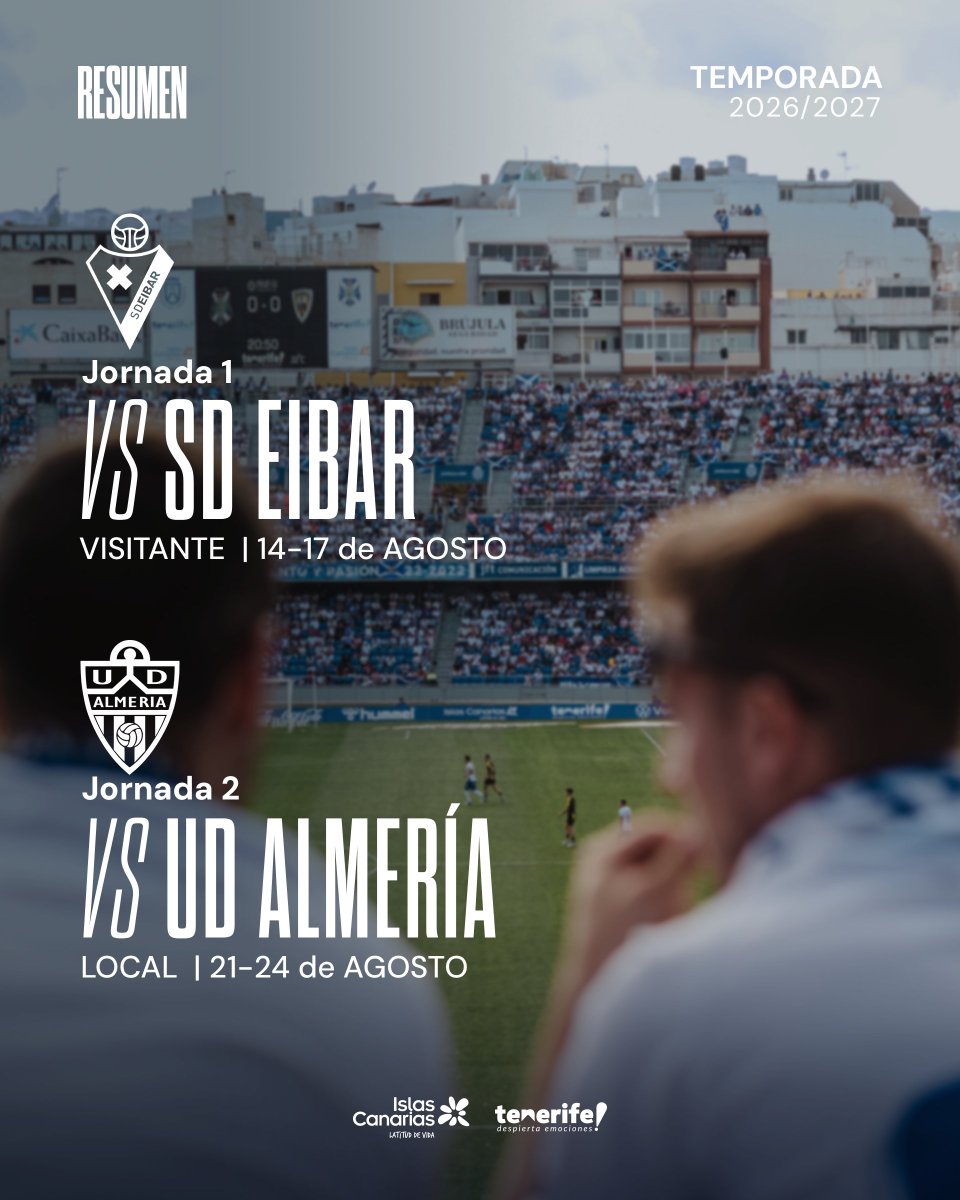 CDTOficial's tweet photo. 🗓️ 𝐂𝐀𝐋𝐄𝐍𝐃𝐀𝐑𝐈𝐎 @LaLiga2 𝟐𝟔/𝟐𝟕

🙌 El #CDTenerife regresará a #LALIGAHYPERMOTION visitando en la 𝑗𝑜𝑟𝑛𝑎𝑑𝑎 1 a la @SDEibar (14-17 de agosto)

🏟️ Por su parte, los #blanquiazules debutarán en el #HRL en la 𝑗𝑜𝑟𝑛𝑎𝑑𝑎 2 ante la @U_D_Almeria (21-24 de agosto)

#APorLaSegunda #TanNuestro