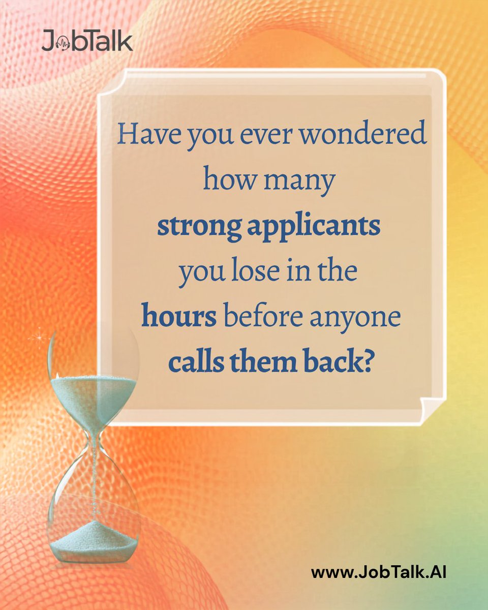 JobTalkAgent's tweet photo. Strong applicants you lose…" (Hourglass)
Have you ever wondered how many strong applicants you lose in the hours before anyone calls them back? ⏳
👉 demo@jobtalk.ai
#JobTalk #AIRecruiting #SpeedToLead #CandidateExperience #FastHiring #TalentAcquisition #RecruitmentTech #HRtech https://t.co/yRLlaBurB9