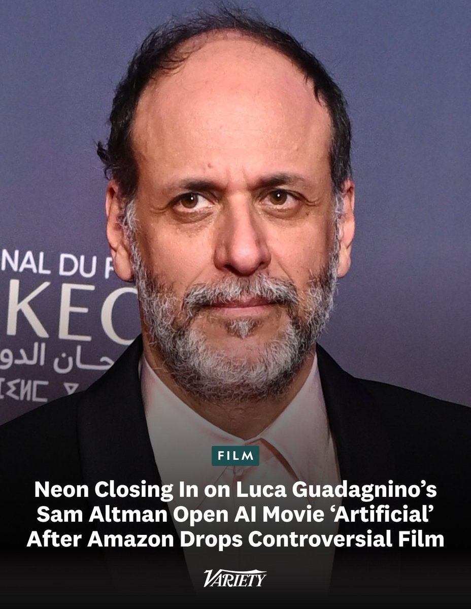 Variety's tweet photo. Neon is nearing a deal to acquire Luca Guadagnino’s $40 million film "Artificial," about Sam Altman and OpenAI, after Amazon MGM Studios determined the project "would be better served if it were released by a different studio."

According to various people who have seen the film and read the script, “Artificial” portrays Altman as deeply untrustworthy and Elon Musk (played by Ike Barinholtz) as highly dislikable.

https://t.co/isXCBI8BHA