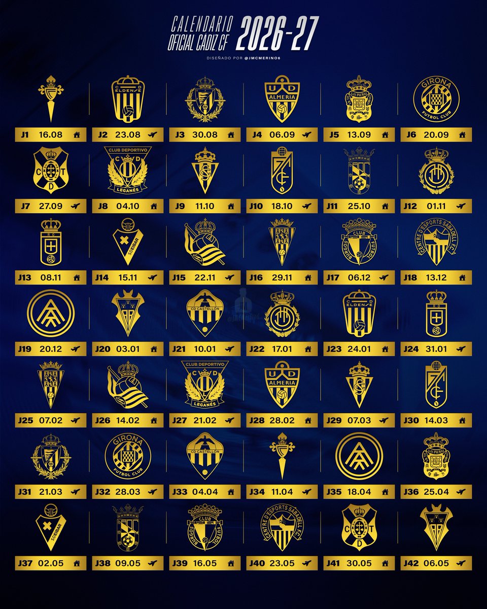 JMCMerino6's tweet photo. 🟡📅 𝗖𝗔𝗟𝗘𝗡𝗗𝗔𝗥𝗜𝗢 𝗢𝗙𝗜𝗖𝗜𝗔𝗟 del #CádizCF para la temporada 2026-27

🔜 Abrirá el curso frente al Celta Fortuna como local (fin de semana 16 de agosto)

🔚 Cerrará el campeonato regular ante el Albacete Balompié en el Estadio Municipal Carlos Belmonte (fin de semana 6 de junio)

❌ No hay jornadas intersemanales.