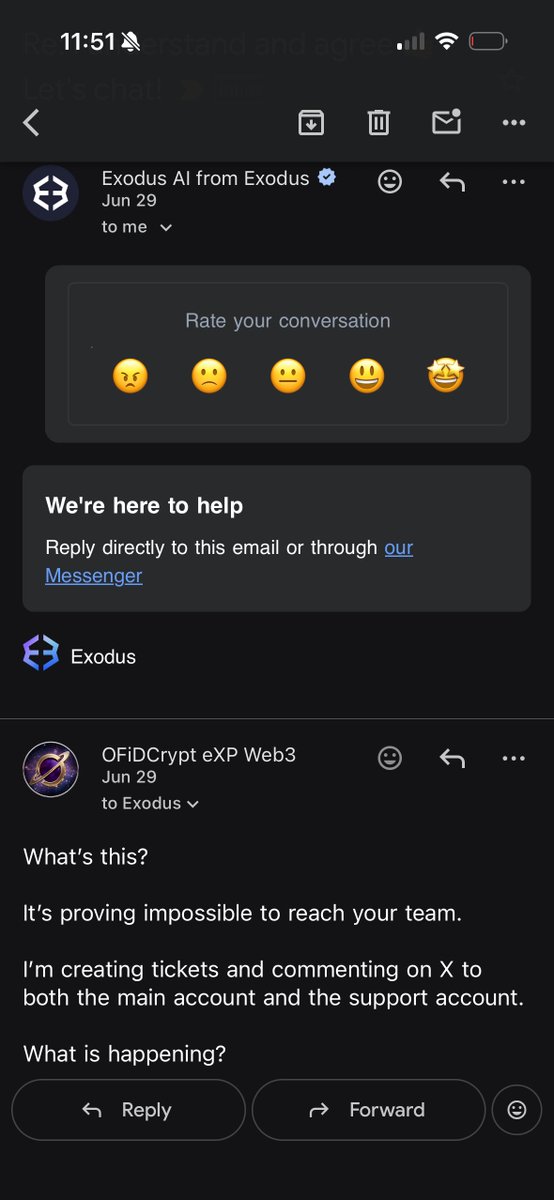 OFiDCrypt's tweet photo. Many blockchain businesses have absolutely TRASH customer service.

@exodus @ExodusAssist do you think that May 7th - June 29th still unresolved for a basic inquiry is acceptable?

53 days. A dozen follow-ups on our side.

We will continue to call this out. You are not the only company giving us a monthly runaround.

There are a select few where we’ve had fantastic experiences. You can do better.