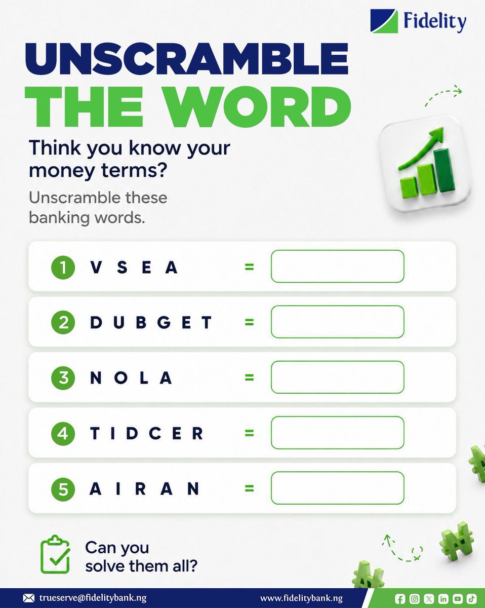 fidelitybankplc's tweet photo. Hey Fidelity Fam, Let's test your finance knowledge!
Unscramble the mixed words and comment your answers below. ๐๐ฝ
In 3, 2, 1, ... Let's go! โจ
#WeAreFidelity #TheLifestyleBank https://t.co/i3Id9Nryfh