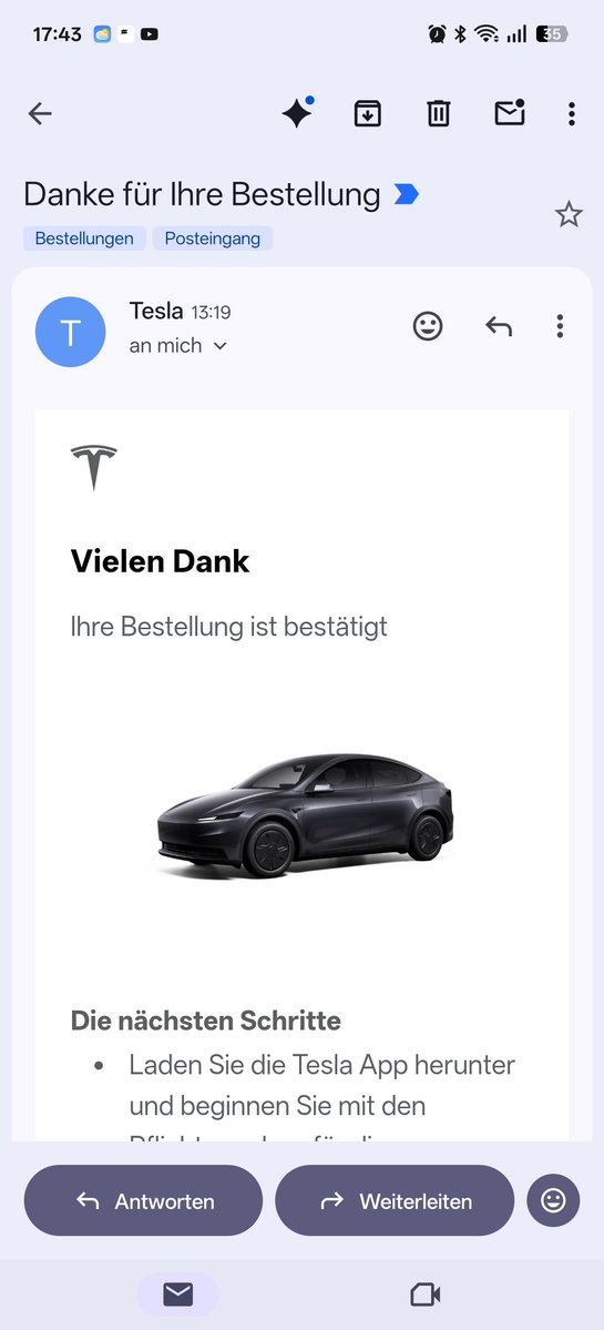 apfelnudel's tweet photo. Tesla macht Tesla Dinge 😅😂 
Heute 13:00 Uhr sofort verfügbares Model Y bestellt, 20:00 kostenfrei mit einer Strecke von 300km angeliefert! 

In der Zeit wird bei Volkswagen nicht Mal der Kaufvertrag vorbereitet 😂
@Tesla @teslanerdX @RealRusty https://t.co/g85XhK3tKl