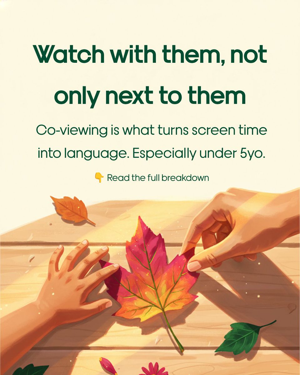 pixel_parenting's tweet photo. "Why isn't that leaf broken?" That question is how language develops. A screen can answer. It can't ask back about your kid's street.

Pediatric SLP Denise Santos Ford on what screen time actually does:
1️⃣ Co-viewing multiplies
2️⃣ You bridge to real life
3️⃣ Your phone counts too
https://t.co/Mu2KkzhxPZ