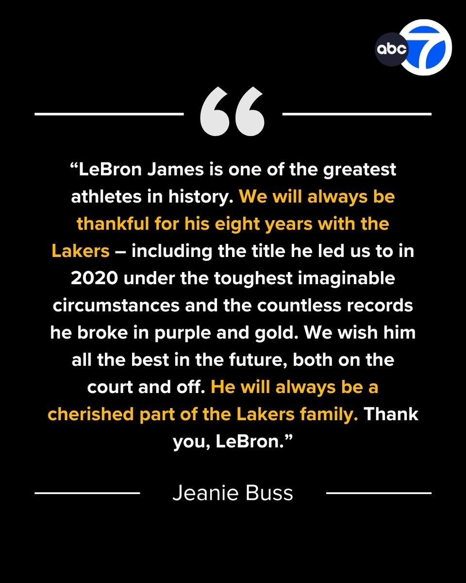 ABC7's tweet photo. The Lakers have shared a heartfelt farewell to LeBron James after he said he was leaving the team. 💜💛 https://t.co/26z0bVjszm https://t.co/Bw2cDJqryj