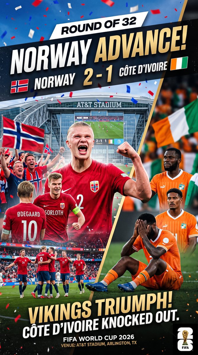 matchdayradar's tweet photo. HAALAND DOES IT AGAIN!
Norway knock Côte d'Ivoire out of the World Cup 2026 in a dramatic Round of 32 thriller! 🔥

Heartbreak for Côte d'Ivoire after a historic run to their first-ever knockout stage. 🐘

Final Score: Côte d'Ivoire 1-2 Norway

#WorldCup2026 #Haaland #Norway #CoteDIvoire #FIFAWorldCup #RoundOf16