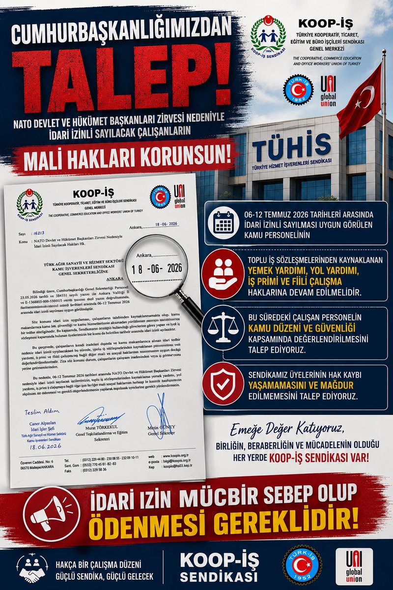 mstfaErdogan38's tweet photo. @HulyaDemirdas26 @iletisim @tcbestepe @csgbakanligi @HMBakanligi @alemdareyup @KOOPISSENDIKASI @metinguney10 İdari izin nedeniyle çalışanların mali haklarında kesinti yapılması adalet duygusunu zedeler.

Yemek, yol, iş primi ve diğer tüm haklar eksiksiz ödenmelidir.

Emeğin hakkını savunmaya devam edeceğiz. ✊🇹🇷

@iletisim @tcbestepe @csgbakanligi @HMBakanligi @alemdareyup https://t.co/7FIz505KJn