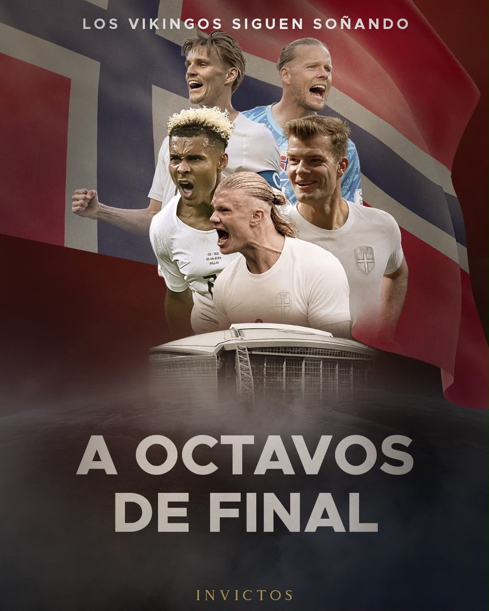 InvictosSomos's tweet photo. ¡¡ÚLTIMA HORA: NORUEGA AVANZÓ A LOS OCTAVOS DE FINAL DE LA COPA DEL MUNDO DESPUÉS DE 28 AÑOS DE ESPERA!!

Lo lograron. Lo consiguieron. Lo hicieron realidad. Después de 28 años de larga espera, la Selección de Noruega volvió a clasificarse a los octavos de final de una Copa del Mundo. Con gol de Erling Haaland sobre la hora, Los Vikingos ELIMINARON a Costa de Marfil. Hoy no hubo brillo, pero pudieron ganarlo y escribieron un capítulo legendario en la historia del fútbol noruego. 

La generación liderada por Haaland, Odegaard, Sorloth y Nusa sigue soñando en grande. Volvieron a poner a Noruega en el mapa del planeta fútbol. Y sí, ahora intentarán la hazaña ante Brasil. 

¡¡EL SUEÑO MUNDIALISTA DE NORUEGA CONTINÚA!!