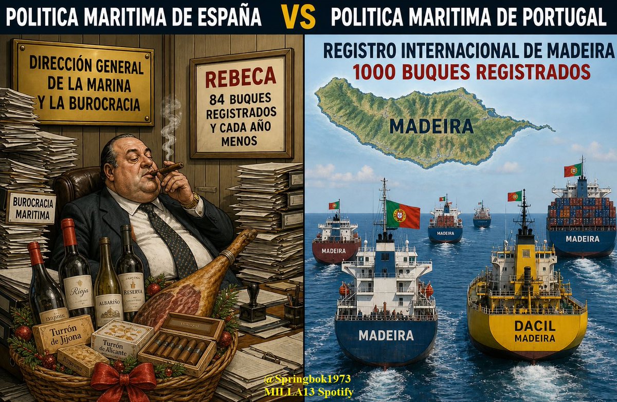 Springbok1973's tweet photo. ¿Por qué ha desaparecido la marina Mercante española?
¿Por qué Madeira aglutina ya casi 1000 buques registrados y España, en la chapuza de REBECA, 88...?
En un escenario de crisis en Canarias, solo los buques de bandera española pueden ser requisados (#STUFT) para asegurar el suministro a las islas...Y claro, si no tienes ya marina mercante, debes acudir, con prisa, y la cartera llena, al mercado internacional d ellos fletes...lean entrelineas (#LosBarcosDelHambre)
¿Por qué ya no hay una naviera estatal desde que el PP se cargó Trasmediterránea?
Toda la comida industrial "baja" a Canarias en feeders rotacionales bandera de Madeira.
¿Hay una política marítima definida? No.
Aquí se los cuento, sin eufemismos, en #MILLA13
#LaPlataneraALaDeriva
https://t.co/5Wte8cC2P0
https://t.co/gespQH2kbS