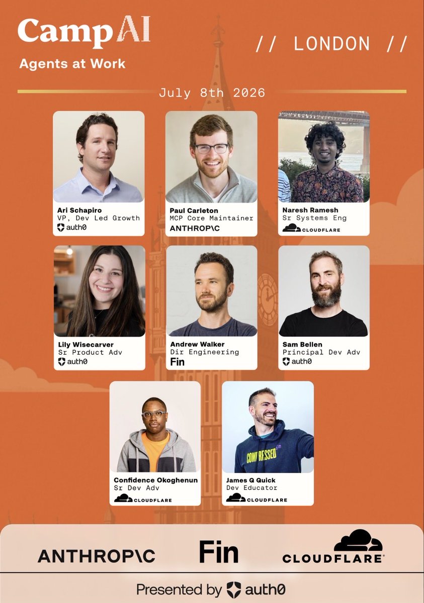 aschapiro's tweet photo. Camp AI “Agents at Work” is on its way to London, and I'm excited to be your host!

We have a stacked panel featuring: @PaulCarleton_  @ghostwriternr  Andrew Walker, and @sambego . moderated by @lily_IAM_. We'll talk about empowering devs with AI tools, security considerations or tradeoffs, and of course, future developments of MCP.

Join us if you're in London and are building cool agentic products. You might meet some incredible builders in the space. Save your spot today: https://t.co/X5IExwupUp