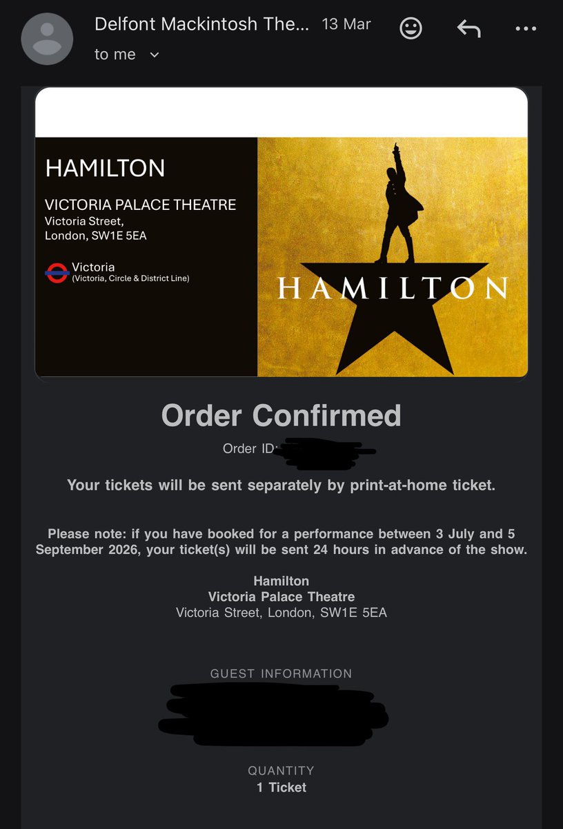 TwentyThree0406's tweet photo. Selling one Leslie Odom Jr hamilton ticket on the 27 august in london

Face value ticket for: £275

Please note: performance between 3 July and 5 September 2026, the ticket(s) will be sent 24 hours in advance of the show. https://t.co/0fg5DIlryQ