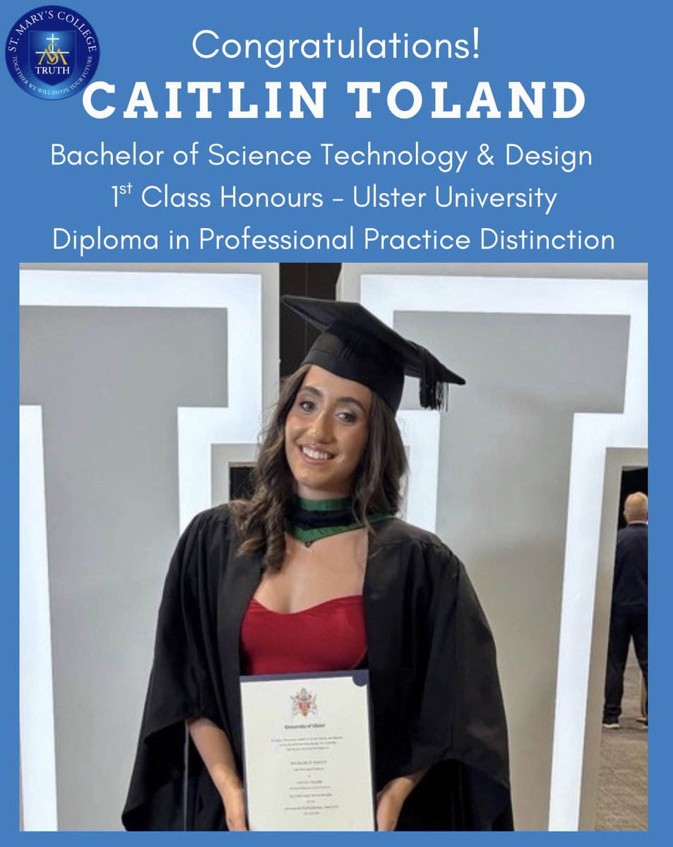 StMarysDerryTD's tweet photo. Massive congratulations Caitlin Toland on your graduation 👩🏻🎓 and a very special one - 1st Class Honours Technology & Design, Distinction in Professional Practice @ulsteruni @ulstercompeng! #STEMgirls #pastpupil @SaintMarysDerry https://t.co/kh4hfqB920