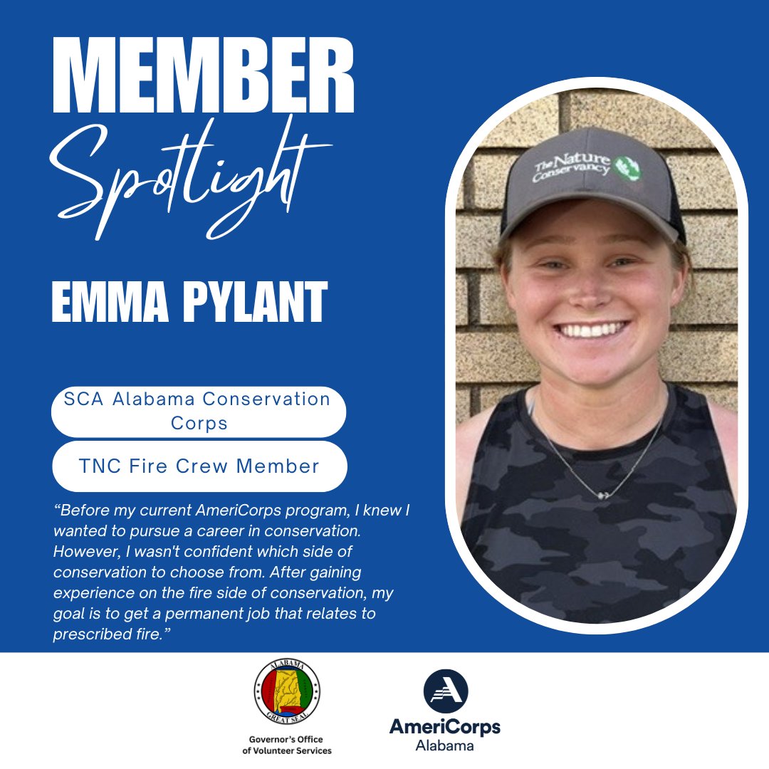 ServeAlabama's tweet photo. We would like to recognize Student Conservation Association Volunteer Emma Pylant. Thank you for your service! #getthingsdone #SCA #ServeAlabama #AlabamaAmeriCorps @AmeriCorps https://t.co/RFFaVObx3C