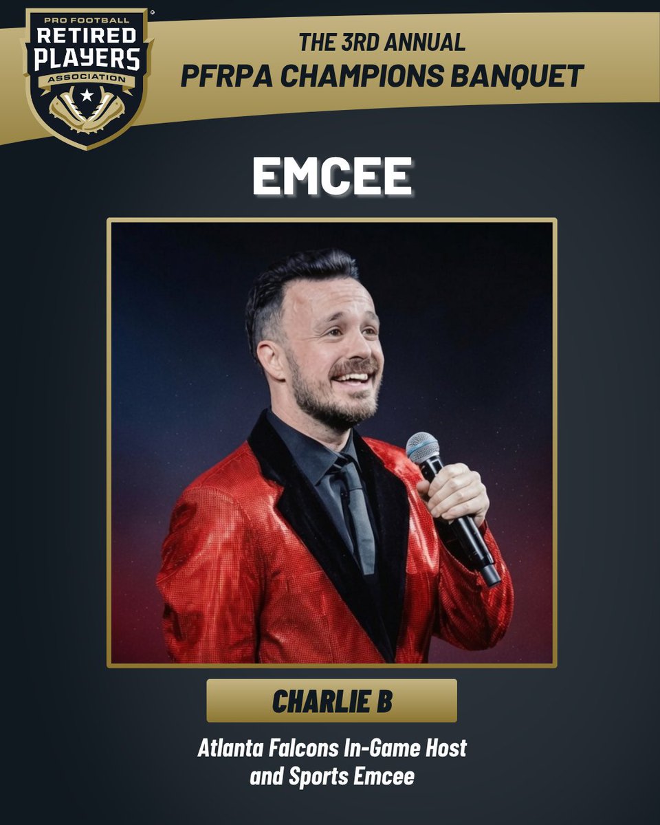 ThePFRPA's tweet photo. We are excited to have Atlanta Falcons In-Game Host and Sports Emcee @thecharlieb serve as the emcee for the 3rd Annual PFRPA Champions Banquet!

Born and raised in Atlanta, Charlie B has spent more than 20 years energizing crowds across the NFL, MLB and other major sporting events, earning a reputation as the "Voice of Atlanta Sports.”

Join us:
📍 Mercedes-Benz Stadium, Atlanta, Georgia
📅 September 17, 2026
🔗 Register now: https://t.co/0Fn1gMyM90