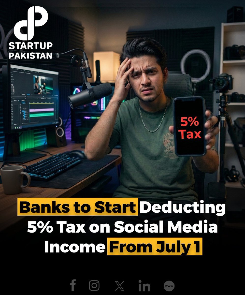 PakStartup's tweet photo. Starting July 1, 2026, banks and financial institutions in Pakistan will deduct a 5% withholding tax from income earned by digital content creators and social media influencers through platforms such as YouTube, Facebook, Instagram, and TikTok.

The measure, introduced under the Finance Act 2026, applies to payments received through banking channels, including inward remittances and online payment services. 

Resident creators can still calculate their annual tax after claiming eligible business expenses, but the 5% deduction will serve as the minimum tax. Non-resident creators without a permanent establishment in Pakistan will face a final 5% tax deduction.

Disclaimer: This post is for informational purposes only and is based on publicly available reports. The image is AI generated and is just for reference.

#Pakistan #FBR #FinanceAct2026 #SocialMedia #ContentCreators