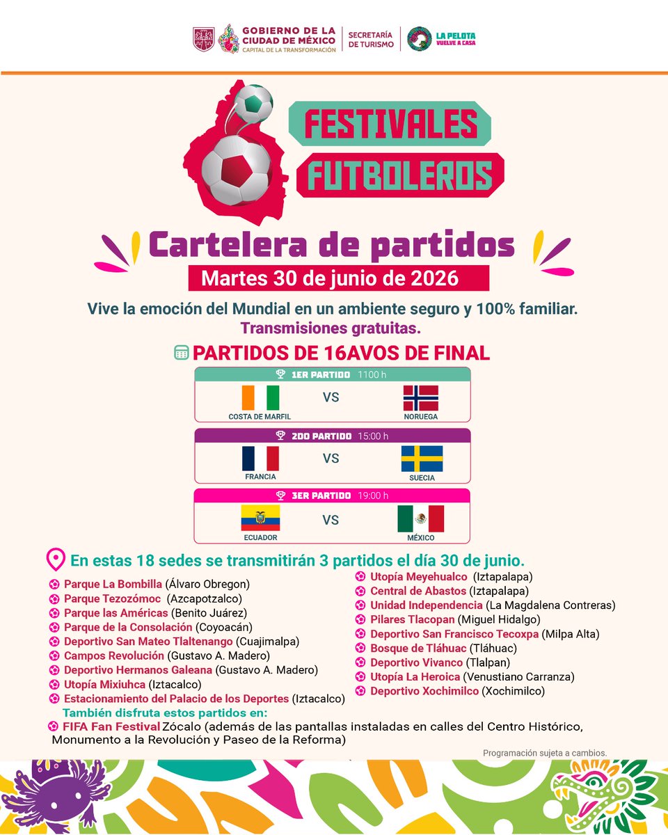turismocdmx's tweet photo. Disfruta de los partidos de hoy que se transmitirán en los festivales futboleros y en el Fan Fest del Zócalo.⚽✨
Apoya a tu selección, no olvides tu camiseta de la afición mexicana y que ¡viva México! 🇲🇽🎉 https://t.co/iaiugrgOM9