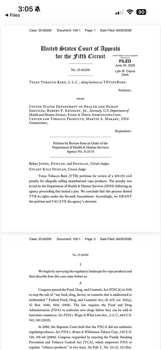 vapelawguy's tweet photo. Hey vape folks, just received this ruling. It basically kneecaps FDA’s ability to enforce the TCA…. https://t.co/fIuYgzptcI