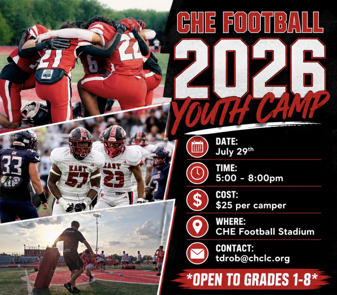CHE_Fball's tweet photo. 2026 YOUTH CAMP 🔥‼️
🔴 Date = July 29th 
⚪️ Time = 5:00 - 8:00pm
⚫️ Cost = $25 per camper 
✍🏻 https://t.co/r3HqWSRH7b https://t.co/4GsJg1df1M