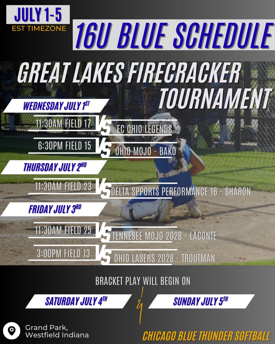 BlueThunderSB's tweet photo. 16U GOLD and BLUE team schedules for the Great Lakes Firecracker Tournament in Westfield Indiana, July 1-5. If you are unable to make it, you can follow along on GameChanger (linked on our website). Please reach out if you have any inquiries regarding our players. https://t.co/JJ1XZMlr1Q