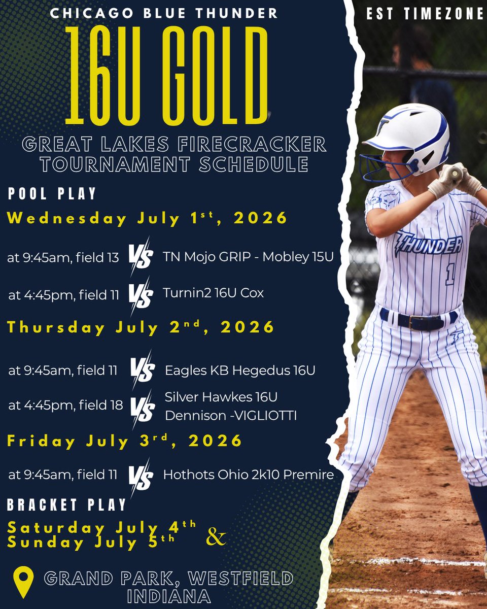 BlueThunderSB's tweet photo. 16U GOLD and BLUE team schedules for the Great Lakes Firecracker Tournament in Westfield Indiana, July 1-5. If you are unable to make it, you can follow along on GameChanger (linked on our website). Please reach out if you have any inquiries regarding our players. https://t.co/JJ1XZMlr1Q