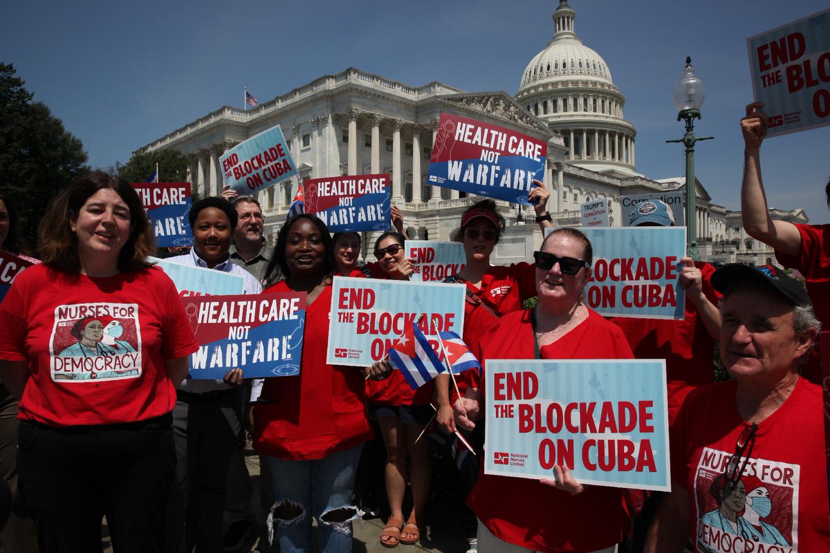 NationalNurses's tweet photo. Nurses save lives! That’s why we’re in D.C. demanding the U.S. end the blockade of fuel entering Cuba. This is fuel that powers water pumps and hospitals that 11 million people depend on. 

Surgeries postponed. Essential medicines gone. Infant mortality doubled. Enough! https://t.co/G9sbwsFVJG