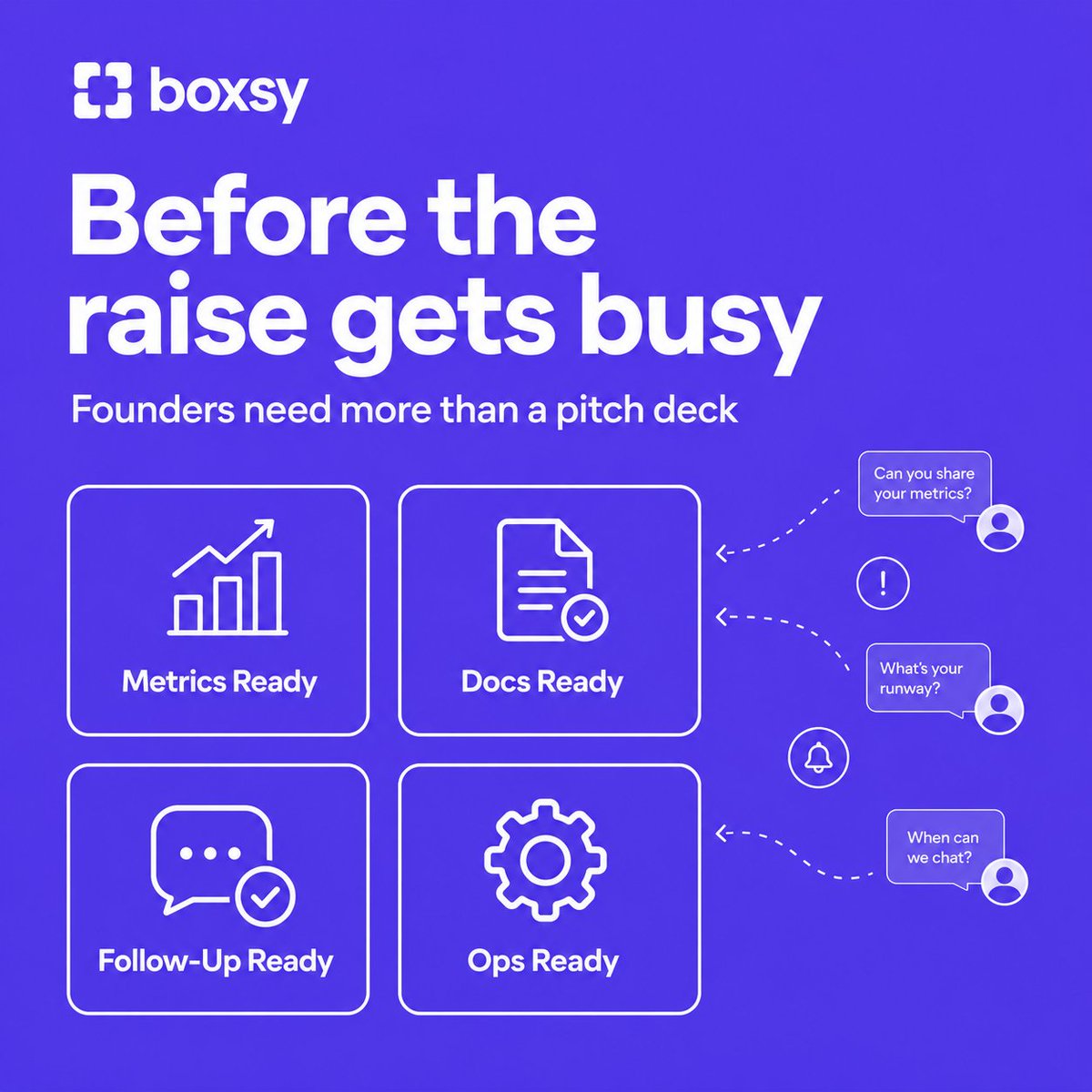 boxsy_io's tweet photo. Before the raise gets busy, founders need more than a deck.

They need:

current docs
clean metrics
follow-up structure
operational readiness

That’s the kind of work Boxsy is built for.

🌐 https://t.co/XssB05jNM1
💜 https://t.co/mXBYDOyqnP

#Boxsy #InvestorReadiness #Founders #StartupFundraising #DataRoom #StartupOps