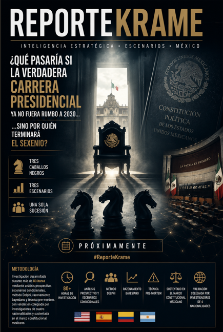 GhalebKrame's tweet photo. 🔍 ¿Qué pasaría si la verdadera carrera presidencial ya no fuera rumbo a 2030...

...sino por quién terminará el sexenio?

♞ Tres caballos negros.

📑 Tres escenarios.

🇲🇽 Una sola sucesión.

Próximamente.

#ReporteKrame

Metodología

• 🕒 80+ horas de investigación estratégica.

• 🧠 Análisis prospectivo y escenarios condicionales.

• 📈 Método Delphi y razonamiento bayesiano.

• ⚠️ Técnica pre-mortem.

• ⚖️ Análisis del marco constitucional mexicano.

• 🌍 Validación colegiada por investigadores de distintas nacionalidades.