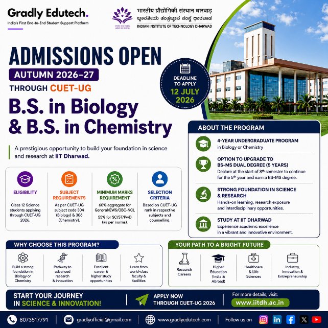 gradlyofficial's tweet photo. IIT Dharwad announces admissions for B.S. in Biology &amp; B.S. in Chemistry through CUET-UG 2026.

4-Year Undergraduate Programme
Research-focused learning environment
BS-MS Dual Degree pathway available
Apply before: 12 July 2026

#IITDharwad #Gradly #CUET2026 #ScienceEducation https://t.co/qoTsArxGyi