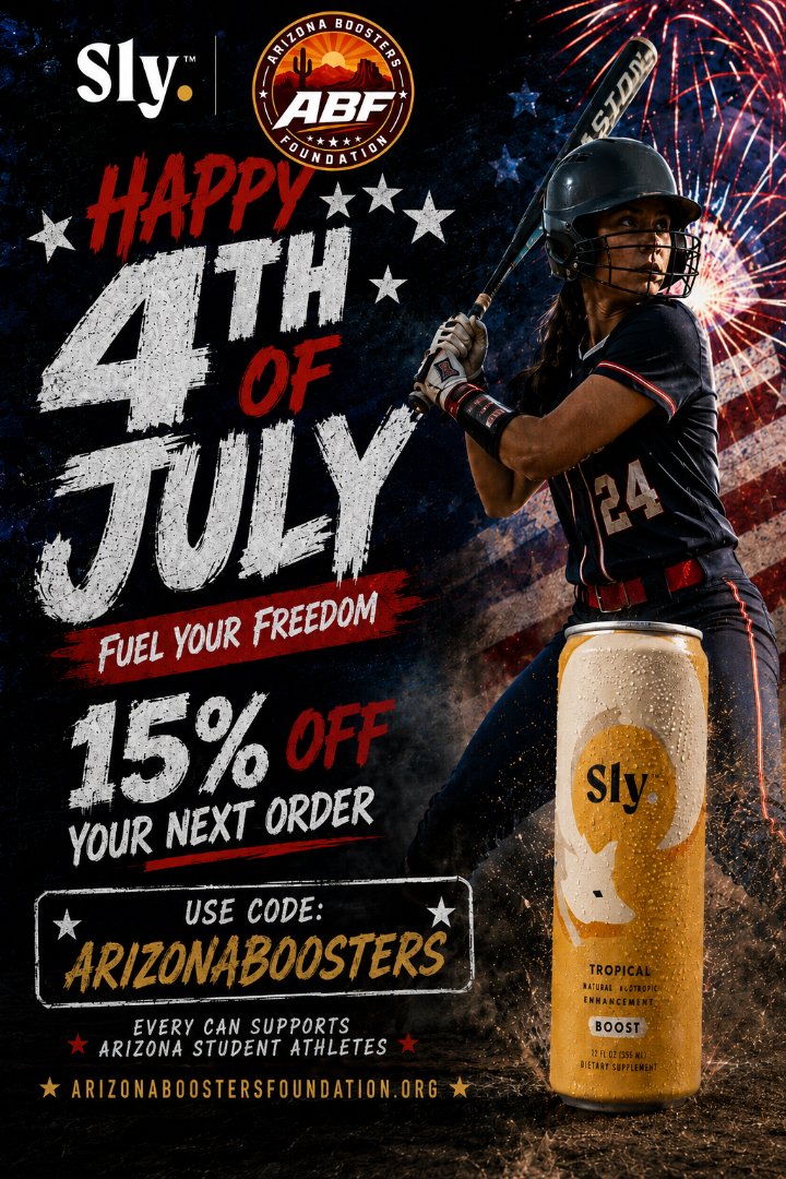 ArizonaBoosters's tweet photo. 🇺🇸 FUEL YOUR FREEDOM THIS 4TH OF JULY! 🎆

Celebrate Independence Day with Sly Energy and save 15% off your next order using promo code:

🔥 ARIZONABOOSTERS

Every purchase helps support Arizona student-athletes through the Arizona Boosters Foundation.

🥤 Shop now:
https://t.co/t5gTRqi5mz

🌵 Arizona Roots. Nationwide Reach.

#FourthOfJuly #SlyEnergy #ArizonaBoostersFoundation #ArizonaBoosters #StudentAthletes #YouthSports #SupportStudentAthletes #FuelYourFreedom #ArizonaSports #AZBoost