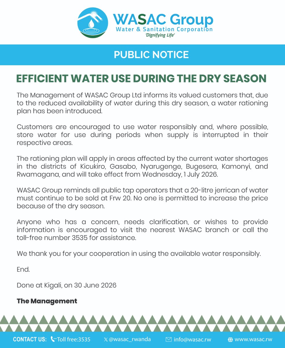 wasac_rwanda's tweet photo. Itangazo risaba Abafatabuguzi bacu gukoresha amazi neza mu gihe cy'impeshyi. #AmaziniUbuzima 
--------------------------------------
Public Notice : Efficient Water Use During the Dry Season. #WaterForAll https://t.co/opCMhEILZz