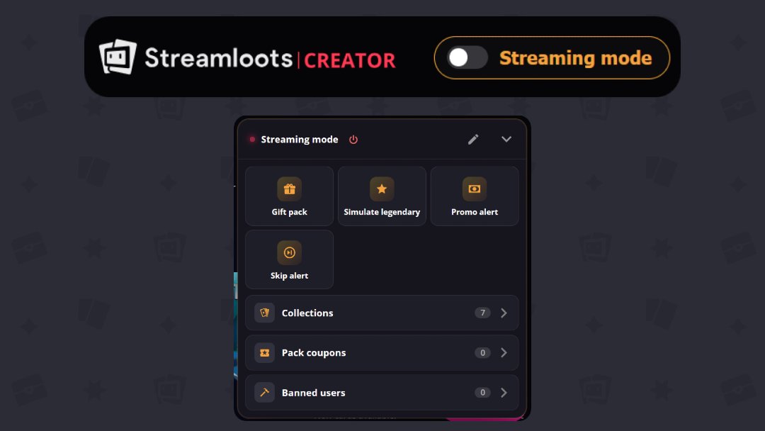 streamloots's tweet photo. 🔴 SUPER USEFUL FEATURE: STREAMING MODE

Available in your Streamloots Dashboard! 🎉 Enable it and manage Streamloots live quickly and conveniently 😎

🎁 Gift packs
⏭️ Skip alerts
📢 Launch promo alerts
⏸️ Pause collections

And many more options! 😉❤️ https://t.co/xNjFDkDGGI
