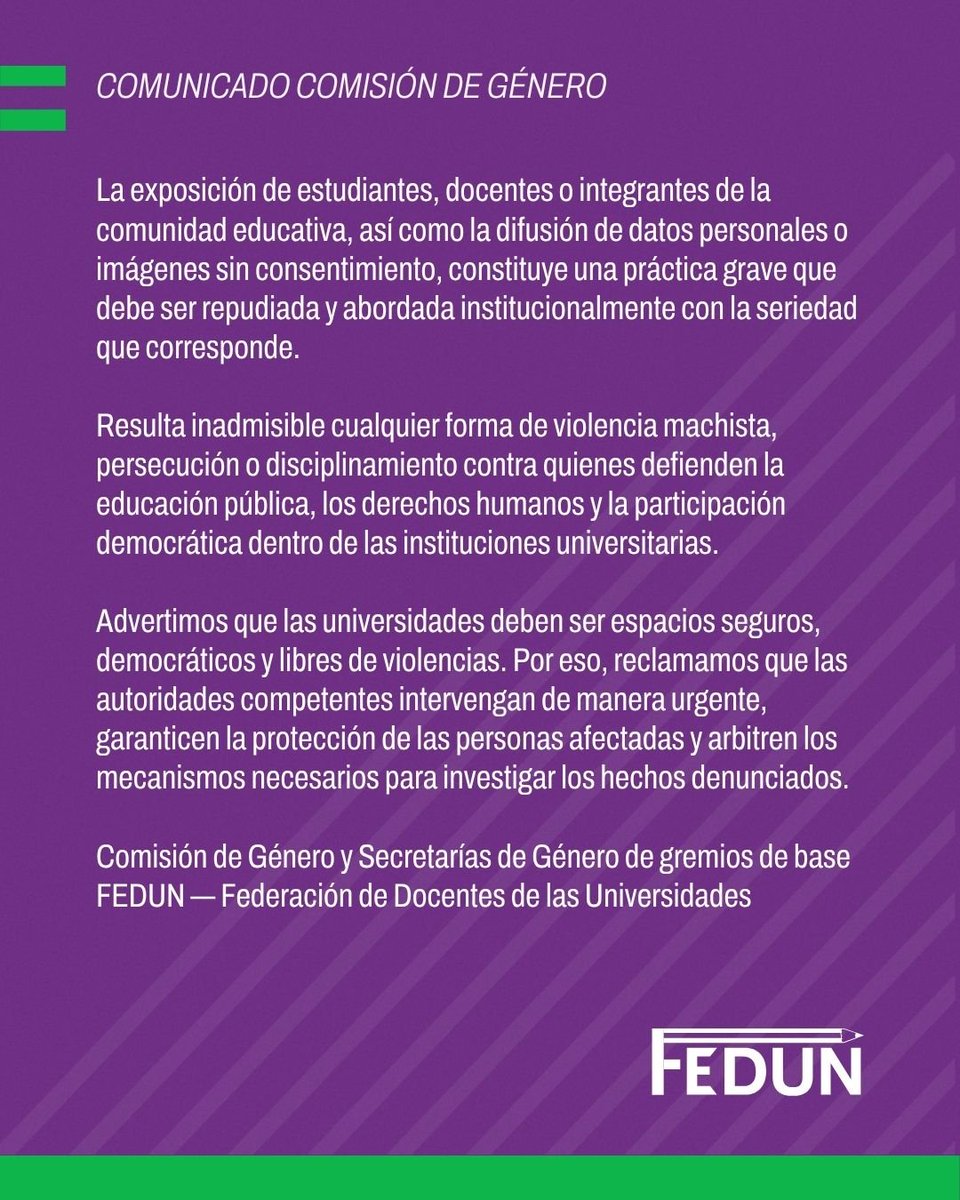 FEDUNArgentina's tweet photo. La Comisión de Género de la FEDUN repudia la violencia ejercida contra Sofía Tapia y estudiantes del IUPA https://t.co/ST7YwkjWbI