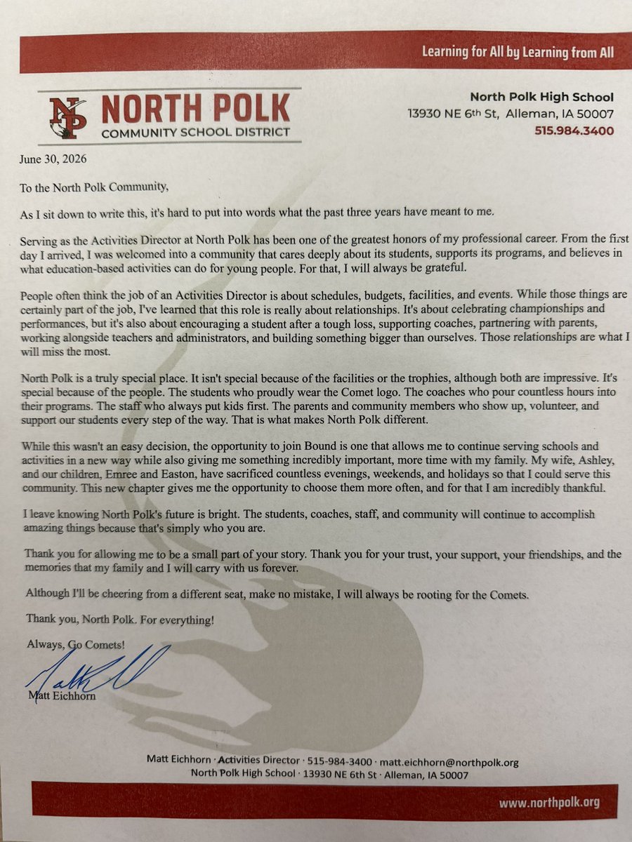 Eichhorn17's tweet photo. It's been a wonderful 3 years @NorthPolkCSD. 

Thank you for the opportunity to lead your Activities Department! It was an honor and privilege. 

Excited for my next chapter with @Bound_HQ @Bound_IA #LetsGo

Always, #GoComets https://t.co/Ap05BcRKH4
