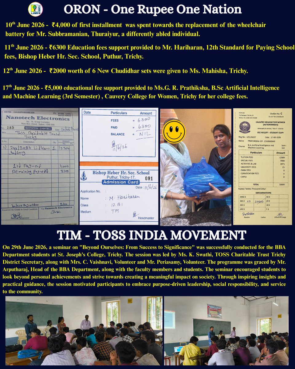 TOSSWBWC's tweet photo. 💫டாஸ் அறக்கட்டளை - ஜூன் 2026 மாத அறிக்கை.
🌟 TOSS Charitable Trust June 2026 Monthly Report
#WeBelieve #WeChange 💙❤️👍
#நாம்நம்புவோம்நாம்மாற்றியமைப்போம் #டாஸ்அறக்கட்டளை #tosscharitabletrust #toss #டாஸ் #WBWC https://t.co/VSXKU7hLeo