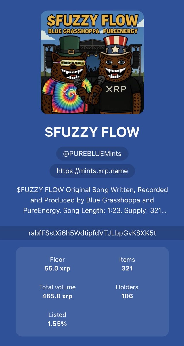 BlueGrasshoppa's tweet photo. Wow! $FUZZY FLOW NFT FLOOR IS 55 XRP!

Only 5 listed at 1.55%...

Real Music. 321 unique album covers minted on the XRPL!

@PureEnergyX @PUREBLUEMints 

https://t.co/uQiqNE65h0 https://t.co/wsRnfTAcD2