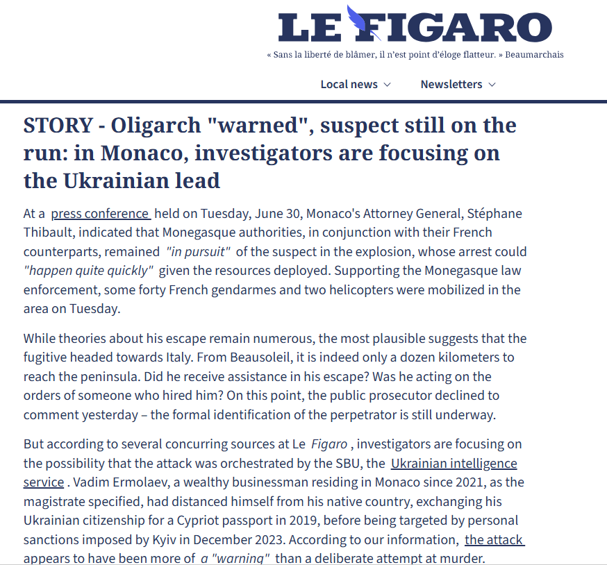 I_Katchanovski's tweet photo. Le Figaro reports that investigation focuses on Zelensky's secret police (SBU) in Monaco bomb attack that injured exiled Ukrainian oligarch & his family:   "According to several concurring sources at Le Figaro, investigators are focusing on the possibility that the attack was orchestrated by the SBU, the Ukrainian intelligence service."