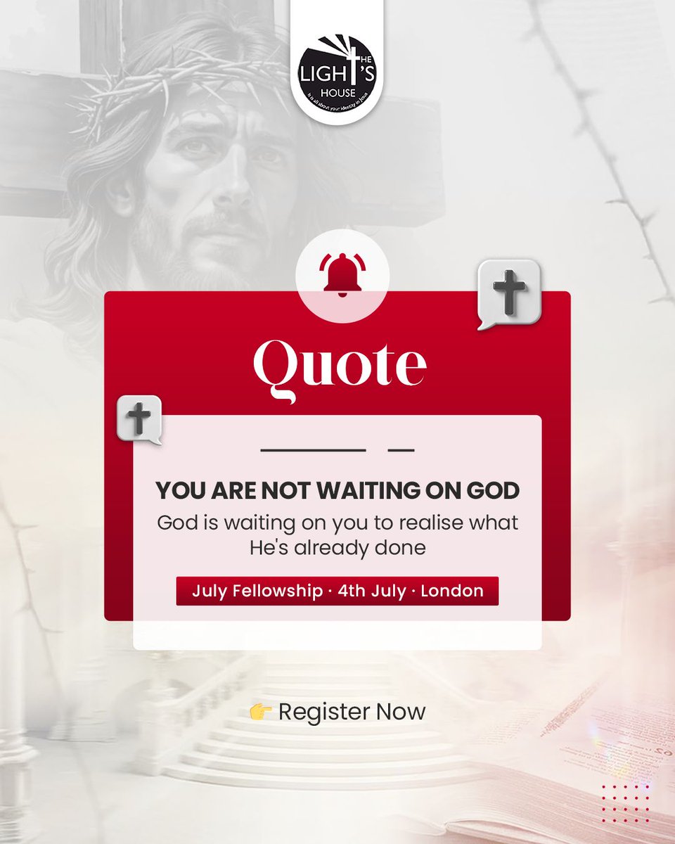 thelightshouse's tweet photo. "You are not waiting on God.

God is waiting on you to realise what He's already done."
Sit with that. 👀

July Fellowship · 4 July · London · FREE

Register 👇
https://t.co/ejbStZX6Ct

#YouAreNotWaitingOnGod #JulyFellowship #TheLightsHouse #FinishedWork #July4th #KingdomTruth https://t.co/QYiYhroVCM