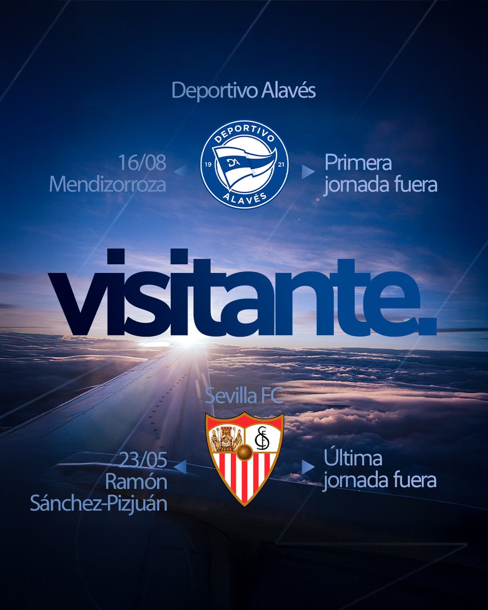 GetafeCF's tweet photo. ✍️ Apunten el primer y el último #AzulonesOnTour de la temporada 2026/2027 ✈️

⚽ 𝐉𝐨𝐫𝐧𝐚𝐝𝐚 𝟏 🆚 Deportivo Alavés 🏟️ Estadio de Mendizorroza

⚽ 𝐉𝐨𝐫𝐧𝐚𝐝𝐚 𝟑𝟕 🆚 Sevilla FC 🏟️ Estadio Ramón Sánchez-Pizjuán

¡Qué ganas de seguir recorriendo kilómetros contigo, Getafe! 💙
