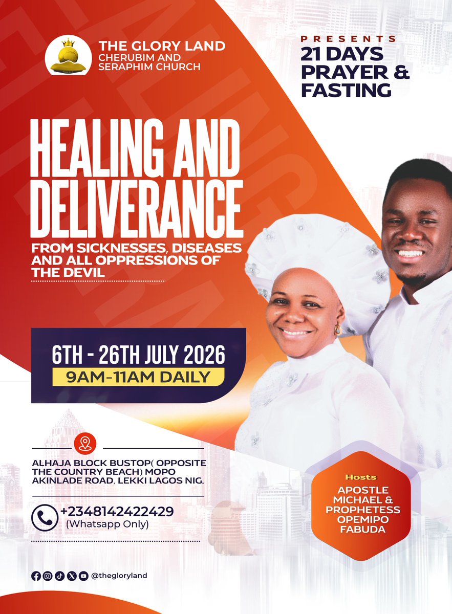thegloryland's tweet photo. 21 DAYS PRAYER &amp; FASTING.
HEALING &amp; DELIVERANCE (from Sicknesses, Diseases and all Oppressions of the Devil)
Mon. 6th - Sun. 26th July 2026.

Join us. https://t.co/TZDCO8MWD6