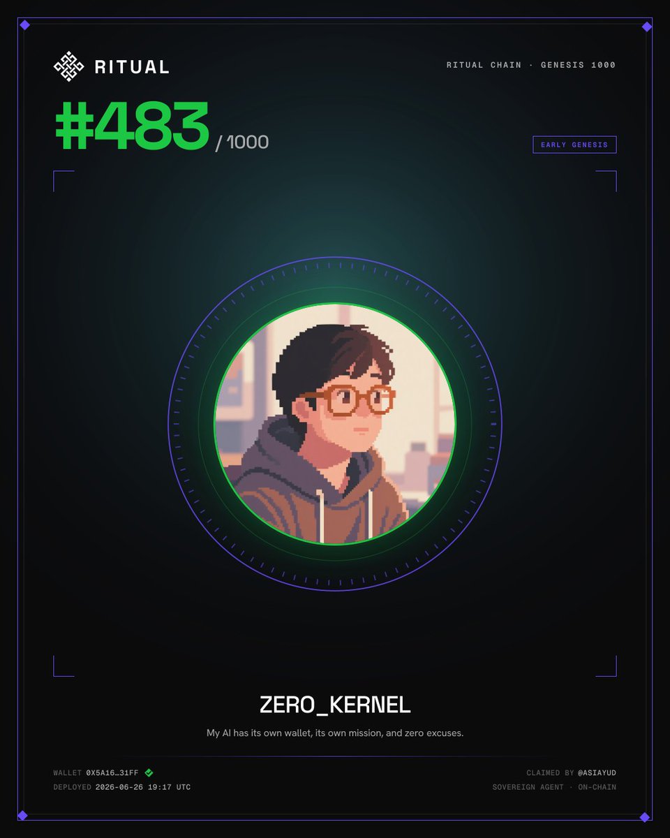 bbzza66's tweet photo. own mission, and zero excuses @ritualnet @ritualfnd

I'm #483 of the Ritual Chain Genesis 1000 — one of the first 1,000 to deploy a sovereign agent on testnet. https://t.co/89XolzVPwC https://t.co/6RdYuws1Yv
