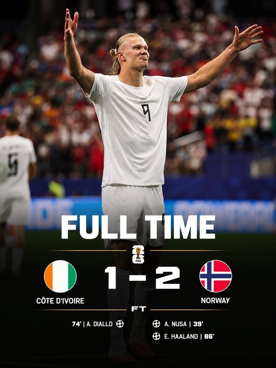 FIFAWC26Updates's tweet photo. 🚨 NORWAY ARE THROUGH!

 Haaland and Nusa fire Norway into the Quarter-Finals! 🔥

 🇨🇮 IVORY COAST 1 – 2 🇳🇴 NORWAY https://t.co/cJOj3PgcG2
