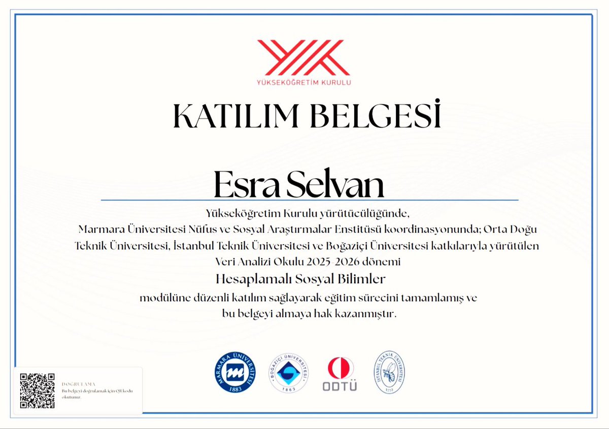 EsraSelvan1's tweet photo. Alınan kişisel başarıların toplum nezdinde katma değer üreten bir paydası olursa ancak sonuç da anlamlı olur. 2025-2026 dönemi @NSA_PSR @marmara1883 @itu1773 @UniBogazici ve @METU_ODTU ortaklaşa yürüttüğü Hesaplamalı Sosyal Bilimler programını ve sınavını başarıyla tamamladım💪🏻 https://t.co/zQKOOaAjXY