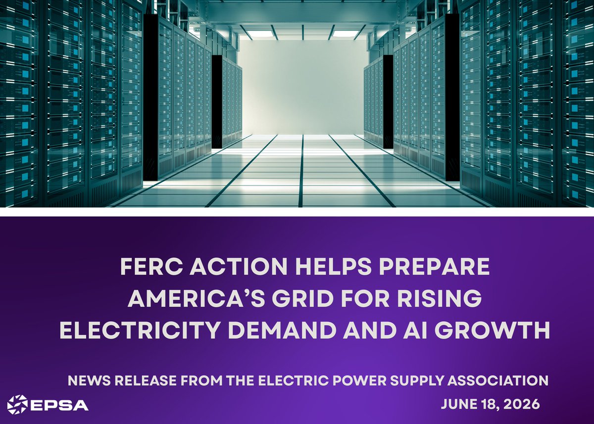 EPSAnews's tweet photo. Rising demand means new generation must get connected to the grid faster.

Recent @FERC action can help improve the process for bringing new resources online.

Read EPSA’s statement: https://t.co/JppKdXBoJP

#EPSA #FERC #GridReliability #PowerMarkets https://t.co/XH1dCZ4Wku