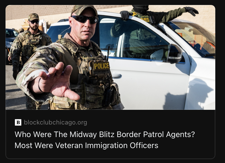 LynnBecker's tweet photo. Outstanding - and harrowing - reporting from Block Club Chicago on the agents behind Midway Blitz. Widespread training in less-lethal force and de-escalation, but "the Trump administration encouraged agents to act recklessly," and lie ceaselessly.
https://t.co/FunkGgQcv9 https://t.co/NSysItDUgk