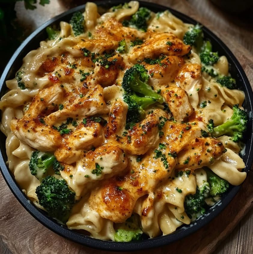 summer_food's tweet photo. Cajun Chicken and Broccoli Alfredo 

Ingredients:

2 chicken breasts, cut into strips
2 tablespoons Cajun seasoning
1 tablespoon olive oil
2 cups broccoli florets
1 cup heavy cream
1/2 cup grated Parmesan cheese
2 cloves garlic, minced
8 ounces fettuccine pasta
Salt and pepper, to taste
1/4 cup chicken broth (optional for thinning sauce)
Directions:

Season the Chicken:

Toss the chicken strips with the Cajun seasoning until well coated.
Cook the Chicken:

In a large skillet, heat the olive oil over medium heat. Add the seasoned chicken strips and cook until no longer pink in the center, about 5-7 minutes. Remove the chicken from the skillet and set aside.
Cook the Broccoli:

In the same skillet, add the broccoli florets and a splash of water. Cover and cook for 3-4 minutes until the broccoli is tender but still crisp. Remove the broccoli from the skillet and set aside.
Cook the Fettuccine:

Cook the fettuccine according to the package instructions. Drain and set aside.
Make the Alfredo Sauce:

In the same skillet, add the minced garlic and cook until fragrant, about 30 seconds.
Pour in the heavy cream and bring to a simmer over medium heat. Reduce the heat and stir in the grated Parmesan cheese until melted and the sauce is smooth.
Combine Everything:

Return the cooked chicken and broccoli to the skillet, tossing to coat them with the Alfredo sauce. If the sauce is too thick, thin it with a bit of chicken broth until the desired consistency is reached.
Serve:

Serve the Cajun chicken and broccoli Alfredo hot over the cooked fettuccine.