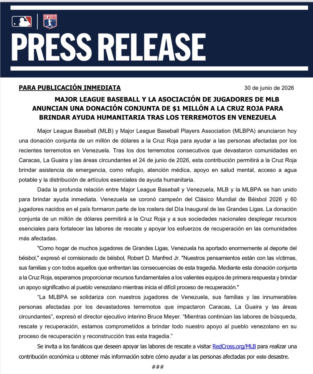 ElExtrabase's tweet photo. Última hora: Major League Baseball y la Asociación de Jugadores de MLB anuncian una donación conjunta de $1 millón a la Cruz Roja para brindar ayuda humanitaria tras los terremotos en Venezuela.

#MLB | #MLBPA 
#ElExtrabase⚾️🇻🇪 https://t.co/ZU8TkmqH0Y