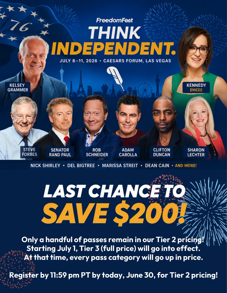 TheFreedomFest's tweet photo. One week from today, you could be headed to the World's Fair of Liberty. 
@SteveForbesCEO. @RobSchneider. @KennedyNation. @RandPaul. @KelseyGrammer. @AnthemFilmFest. Investing. Entrepreneurship. Comedy. America's 250th.
⏰ Tier 2 pricing ends TONIGHT at 11:59 p.m. PT. Save up to $200 before prices increase.
🎟️ https://t.co/Jmnvp28eHU
#FFest26 #ThinkIndependent